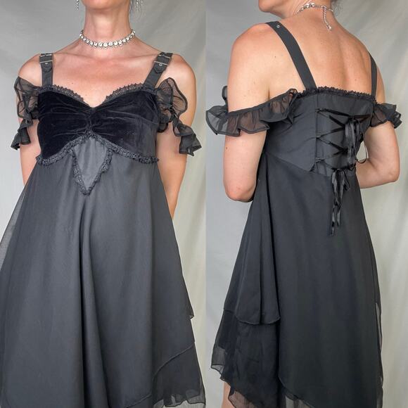 Funhouse gothic corset lace-up midi‎ dress ruffle buckle sleeve whimsigoth goth - Picture 13 of 15